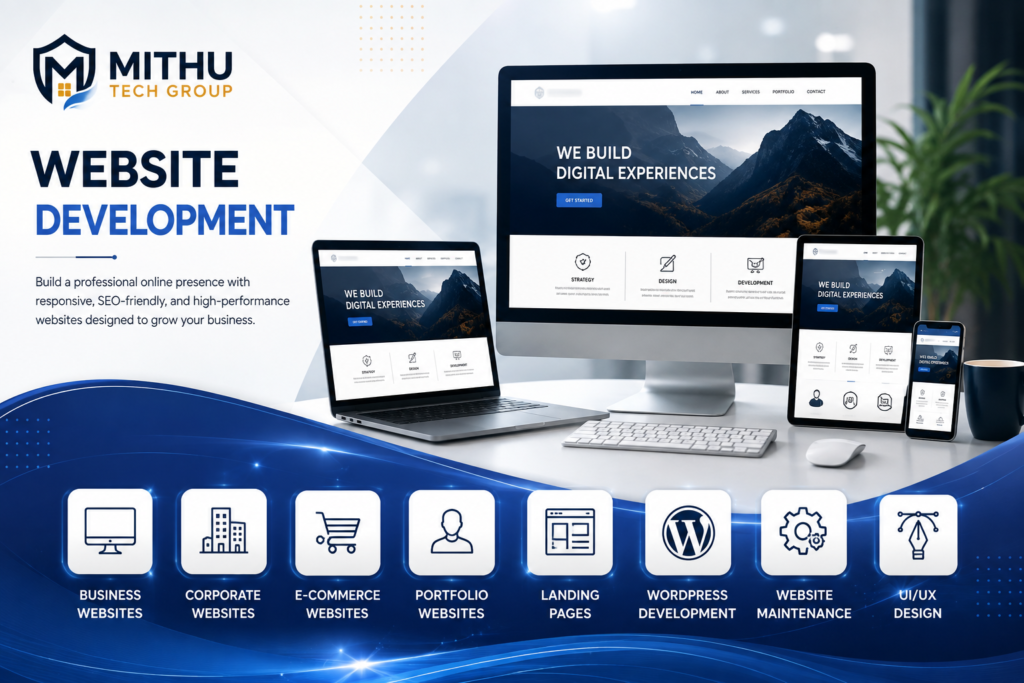 Website Development Build a professional online presence with responsive, SEO-friendly, and high-performance websites designed to grow your business. Our Services Business Websites Corporate Websites E-Commerce Websites Portfolio Websites Landing Pages WordPress Development Website Maintenance UI/UX Design